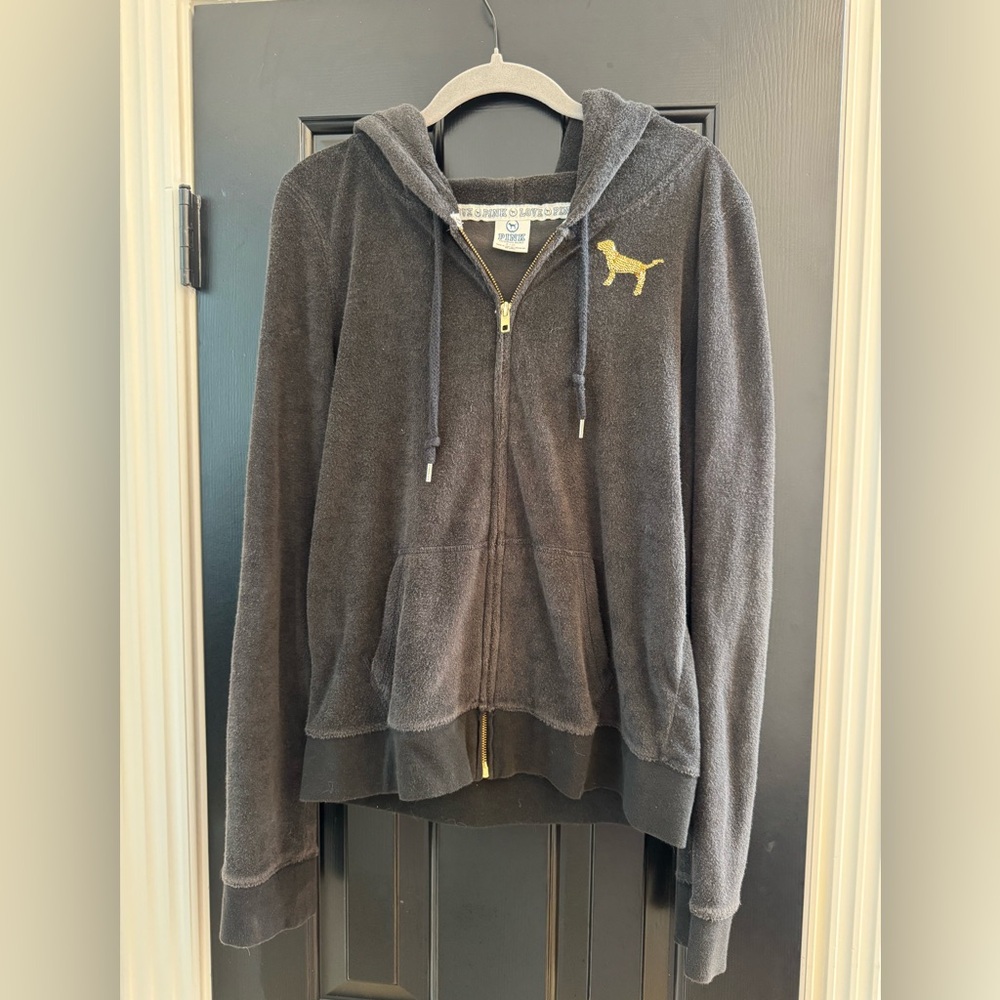 Victoria's Secret PINK Vintage Velour Black & Gold Sequin Zip Up Hoodie